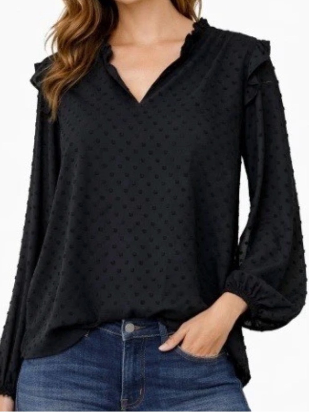 J. Crew Black Swiss Dot Ruffle V-Neck Long Sleeve Whimsygoth Blouse Size XL